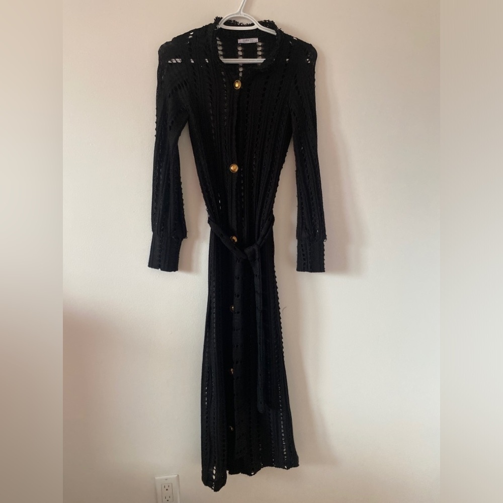 Zara Black long belted novelty stitch cardigan sweater Small - Picture 1 of 4